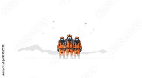Three individuals in detailed orange protective suits and gas masks stand in a row against grey mountains and birds.