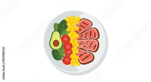A top-down view of a white circular plate containing grilled steak slices, avocado, corn, and fresh spinach leaves.