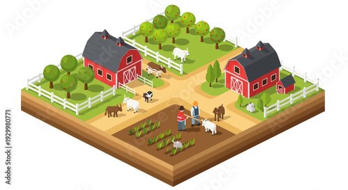 Isometric Farm Scene with Barns, Animals, and Farmers.