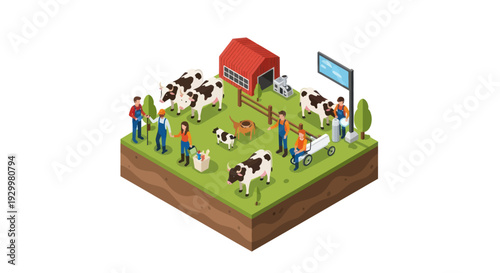 Isometric Farm Scene with Cows, People, and Barn.