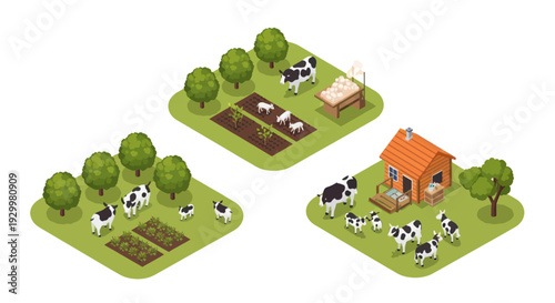 Isometric Farm Scenes with Cows and Crops.