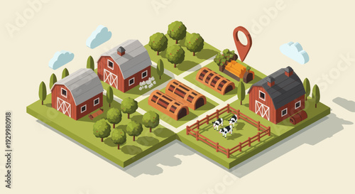 Isometric Farm Village with Barns and Livestock.