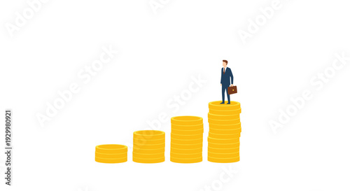 A man in a dark blue business suit and brown briefcase stands atop the tallest of four ascending stacks of gold coins.