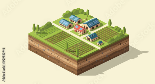 Isometric Farm Village with Crops and Houses.