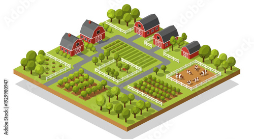 Isometric Farm Village with Crops and Barns.