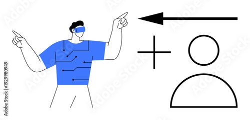 Virtual reality concept. A person using VR glasses with digital elements. Virtual reality transforming experiences and enhancing digital interactions. For AR, gaming, and tech innovations