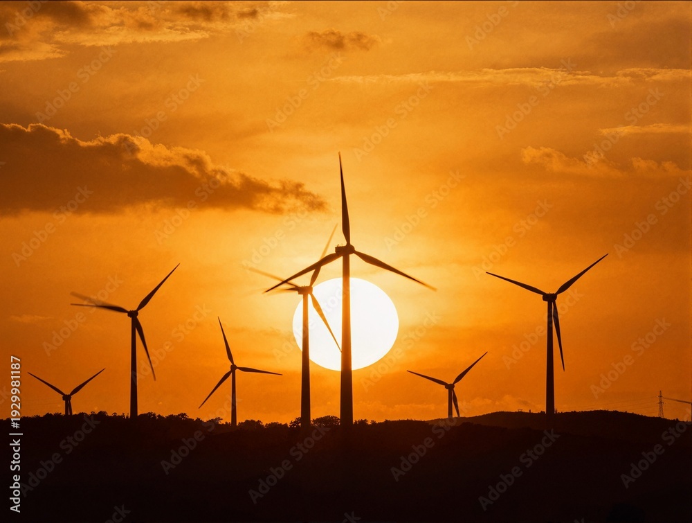 Fototapeta premium Wind turbines are silhouetted against a massive bright sun during a dramatic sunset over a hilly landscape showing sustainable energy production power