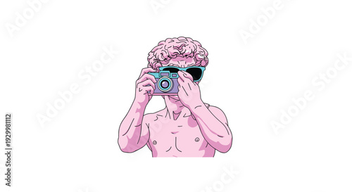 A pink classical male bust wearing teal sunglasses holds a purple and teal retro camera against a white background in a horizontal view.