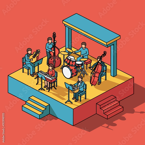 Isometric illustration of a jazz band performing on a colorful stage.