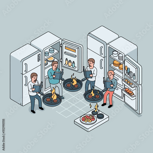Isometric illustration of people cooking in fridges with pans on fire.