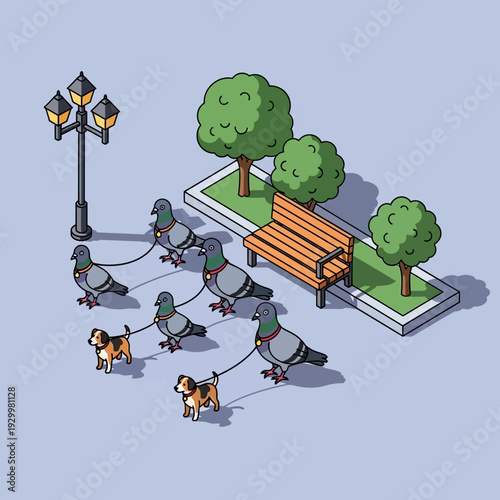 Isometric illustration of pigeons walking dogs on leashes in a park.