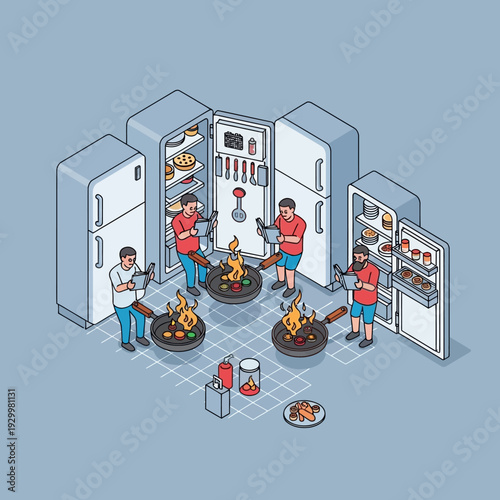 Isometric illustration of people cooking on fires inside kitchen appliances.