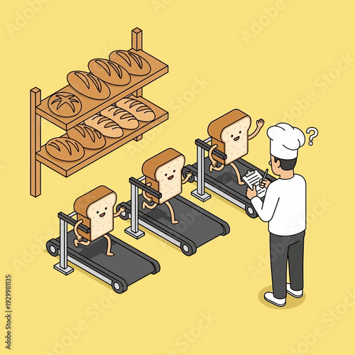 Cartoon bread loaves running on treadmills monitored by a chef.