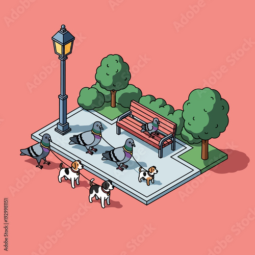 Isometric illustration of a serene park scene with pigeons and dogs.