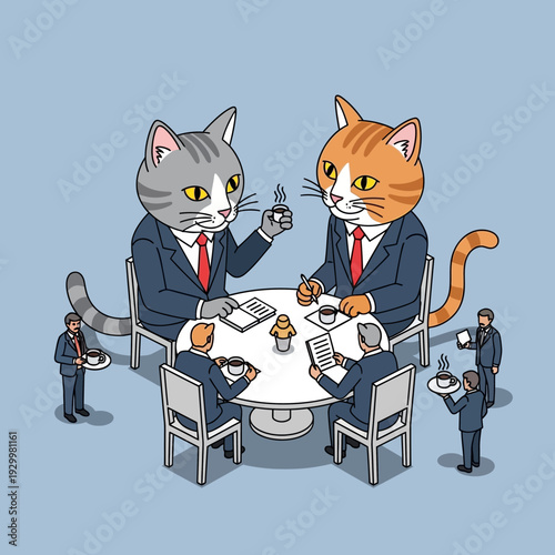 Two cats in suits conducting a business meeting with human staff.