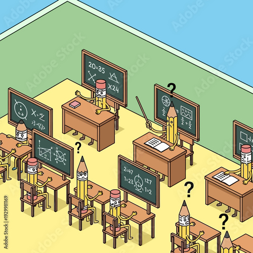 Isometric classroom with desks and blackboards full of math problems.