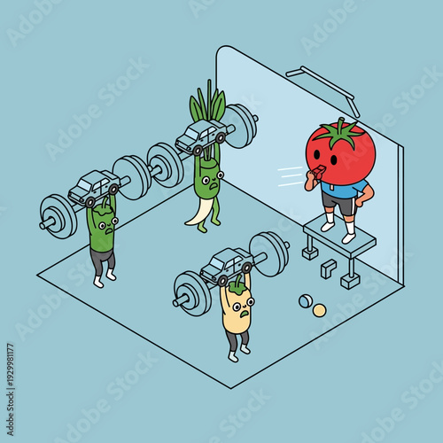 Isometric illustration of anthropomorphic vegetables weightlifting in a gym.
