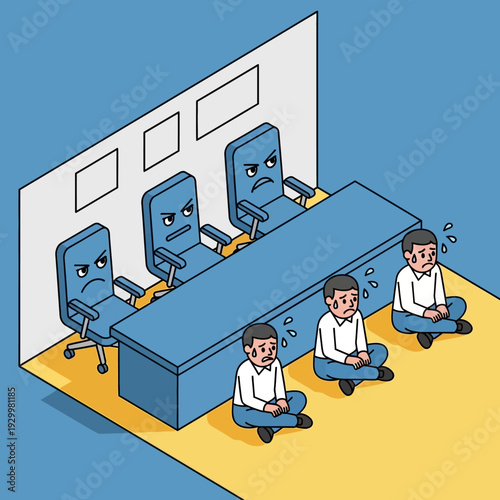 Unhappy office workers sitting on the floor beside their desks.