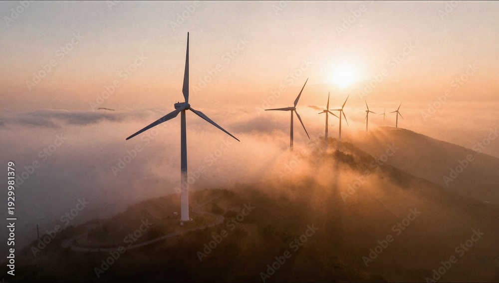 Obraz premium A picturesque row of wind turbines on a misty mountain ridge glowing under the warm light of an early morning sunrise