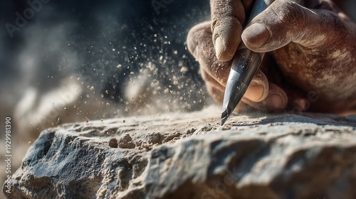 Sculptor Carving Stone with Chisel Tool.