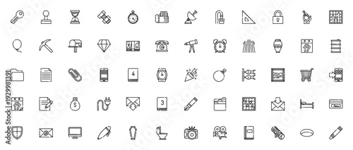 Objects Flaticon Emojis vector icon set. Minimal line icons pack including key, joystick, hourglass, bolt, smartphone, book, calendar, money bag, email, shield and more. Editable stroke.