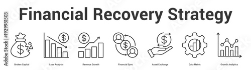 Financial Recovery Strategy web banner icon set vector illustration concept for business with icon of Broken Capital, Loss Analysis, Revenue Growth, Financial Sync, Asset Exchange, Data Metric, Gro.