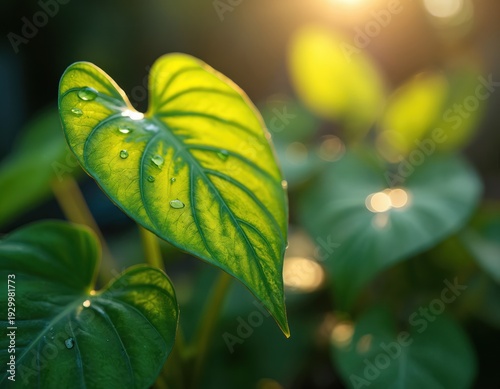 Close-up of bright green heart-shaped anthurium leaf with water drops. Sunlight shines through foliage creating a soft bokeh effect in garden. Natural beauty and growth details.