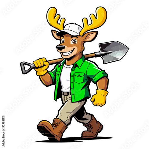 Deer Mascot Holding Shovel for Landscaping and Gardening Industry Character Design, Flat Vector Illustration