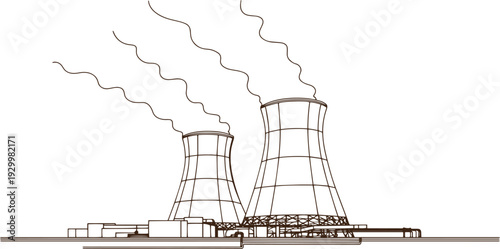 Atomic Energy Nuclear Power Station Exterior with Cooling Towers, Minimal Vector Black Line Art, Thin Outline Industrial Plant Illustration, Clean Energy and Electricity Production Concept