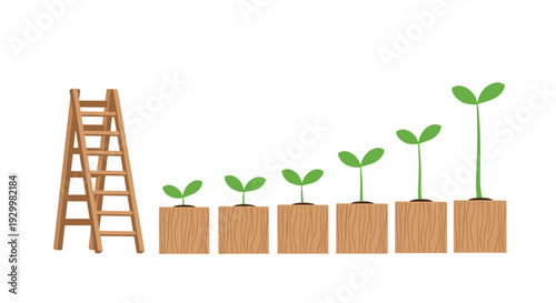 Six wooden blocks of increasing height with green seedlings and a wooden step ladder standing on a white background.