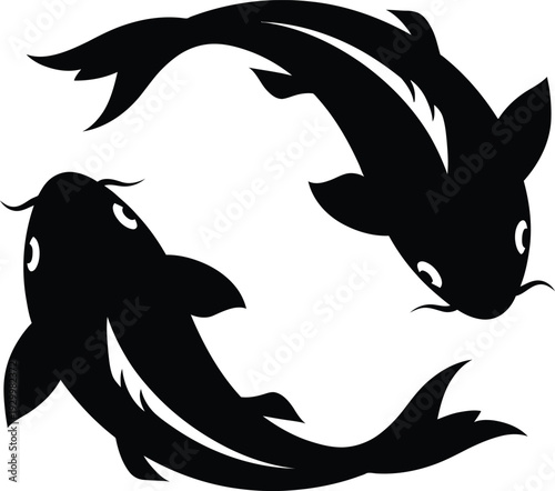 Two black koi fish swimming in a circular motion representing yin yang balance and harmony, minimalist japanese carp vector illustration for zen branding.