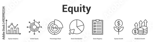 Equity web banner icon set vector illustration concept for business with icon of Equity Analytics, Global Equity, Percentage Share, Stock Distribution, Stock Registry, Equity Growth, Divid.