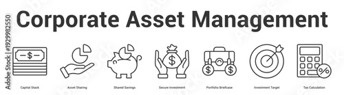 Corporate Asset Management web banner icon set vector illustration concept for business with icon of Capital Stack, Asset Sharing, Shared Savings, Secure Investment, Portfolio Briefcase, Investm.