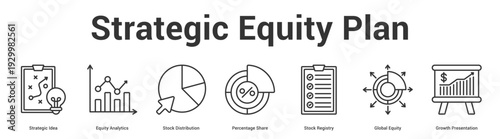 Strategic Equity Plan web banner icon set vector illustration concept for business with icon of Strategic Idea, Equity Analytics, Stock Distribution, Percentage Share, Stock Registry, Glo.