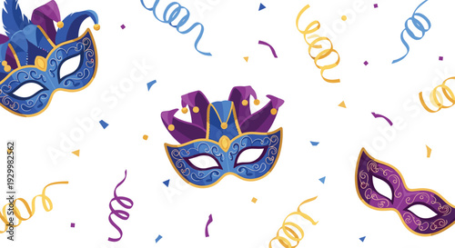 Three different masquerade masks in shades of blue and purple are surrounded by yellow and purple curly streamers and triangular confetti on a white background.