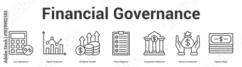 Financial Governance web banner icon set vector illustration concept for business with icon of Tax Calculation, Equity Analytics, Dividend Growth, Stock Registry, Corporate Institution, Sec.