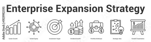 Enterprise Expansion Strategy web banner icon set vector illustration concept for business with icon of Career Growth, Global Equity, Investment Target, Dividend Growth, Portfolio Briefcase, Strate.