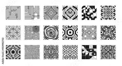 Collection of black and white geometric pattern tiles for design