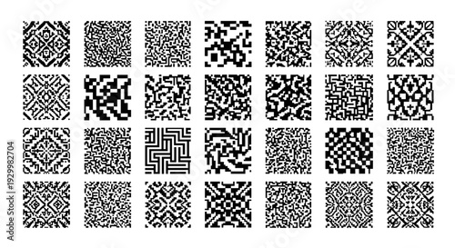 Collection of 25 black and white qr codes with various patterns