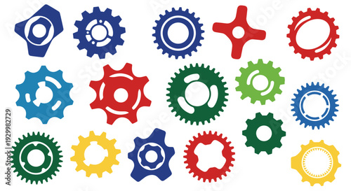 Collection of colorful gears and cogs in various sizes and colors