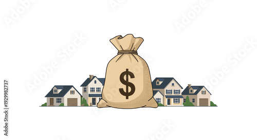 A large burlap money bag with a dark dollar sign is positioned in front of a row of detailed suburban houses with blue roofs and garages.