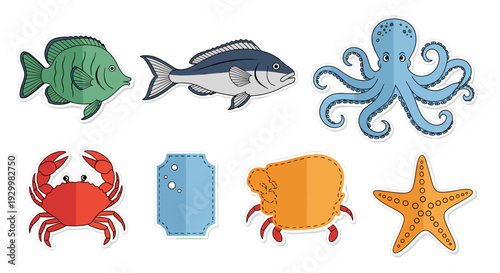 Collection of colorful marine animals including fish crab and starfish