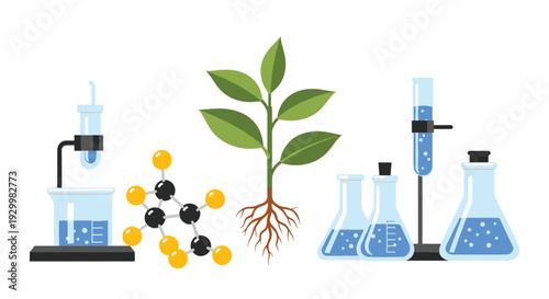 A green plant with roots stands between blue laboratory glassware and a molecular model on a plain white background in a flat illustration.