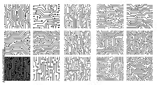 Collection of black and white circuit board patterns with intricate designs