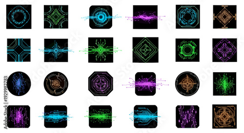 Collection of futuristic glowing digital interface icons and symbols
