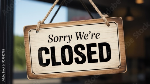 A vintage style wooden sign with the message Sorry We are CLOSED hanging on a glass door with rope indicating a business is shut