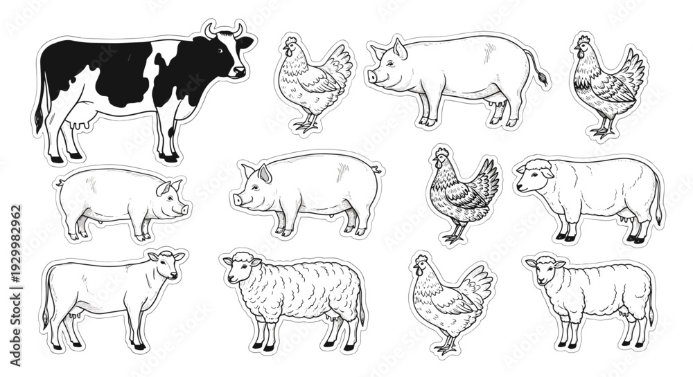 Obraz premium Collection of various farm animals including cow pig and chicken