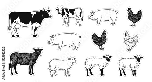 Collection of various farm animals including cows pigs and chickens