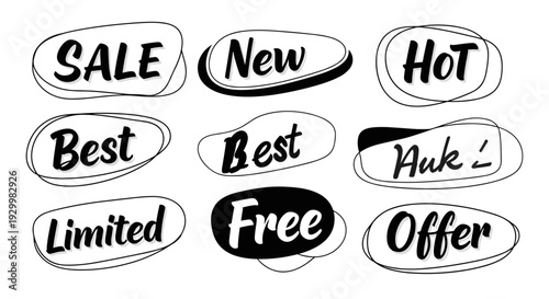 Collection of various sale and promotion badges with different styles