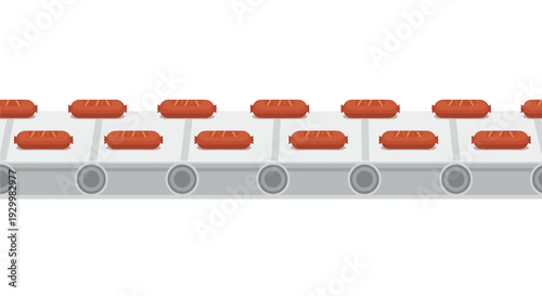 Two rows of brown sausages move along a straight gray industrial conveyor belt with rollers against a plain white background in a flat illustration.